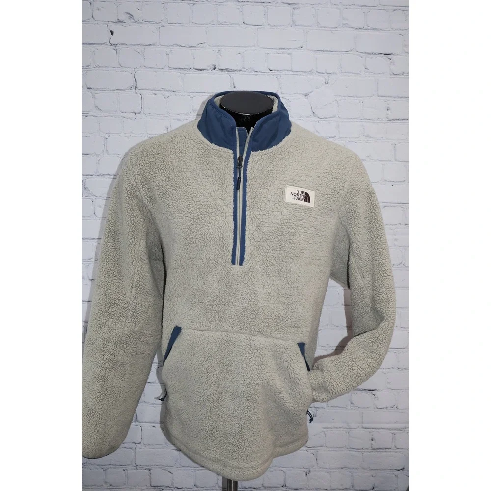 The North Face Fleece Pullover Mens XL Gray Blue 1/4 Zip Sherpa Jacket W Pockets